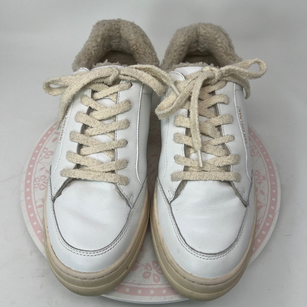 SAM EDELMAN Wess Sneaker Women 10 White Leather Faux Shearling Platform Low Top - Picture 9 of 13